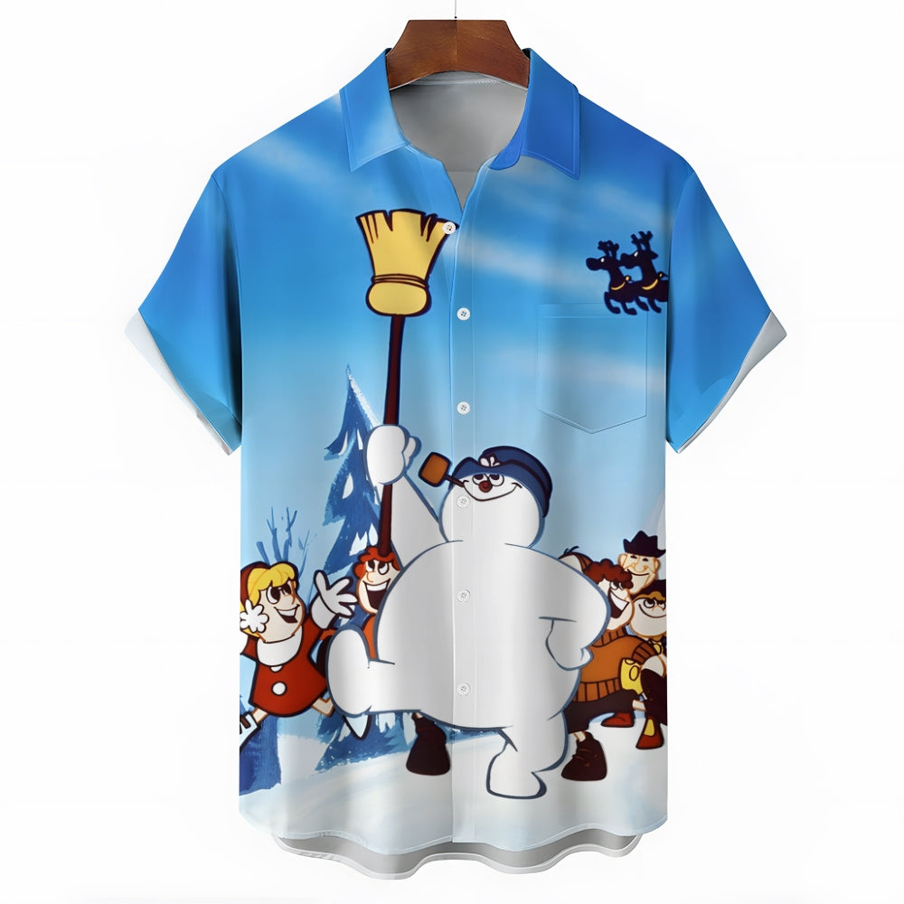 Christmas Snowman Chest Pocket Casual Short Sleeve Shirt 2411005486