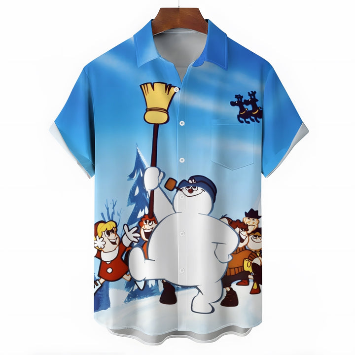 Christmas Snowman Chest Pocket Casual Short Sleeve Shirt 2411005486