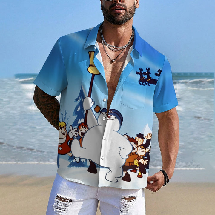 Christmas Snowman Chest Pocket Casual Short Sleeve Shirt 2411005486