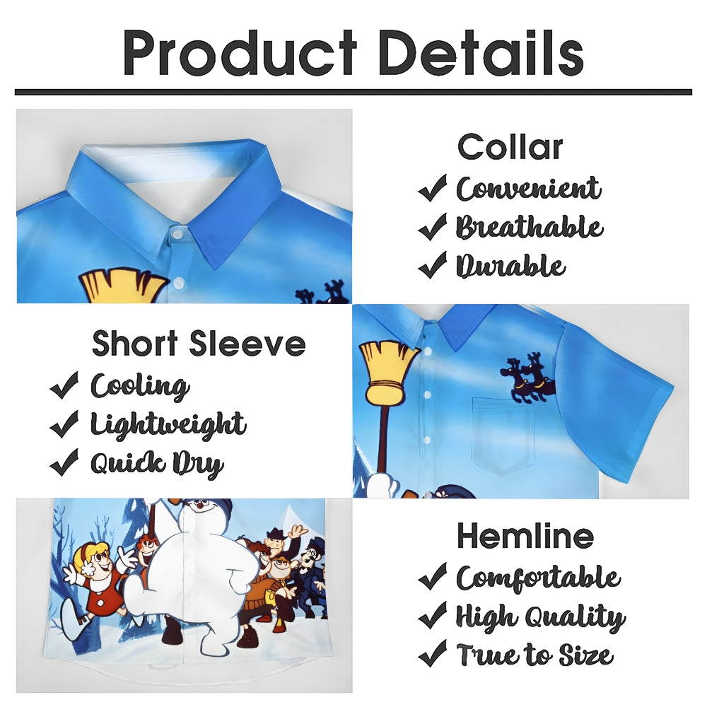 Christmas Snowman Chest Pocket Casual Short Sleeve Shirt 2411005486