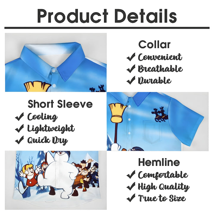 Christmas Snowman Chest Pocket Casual Short Sleeve Shirt 2411005486
