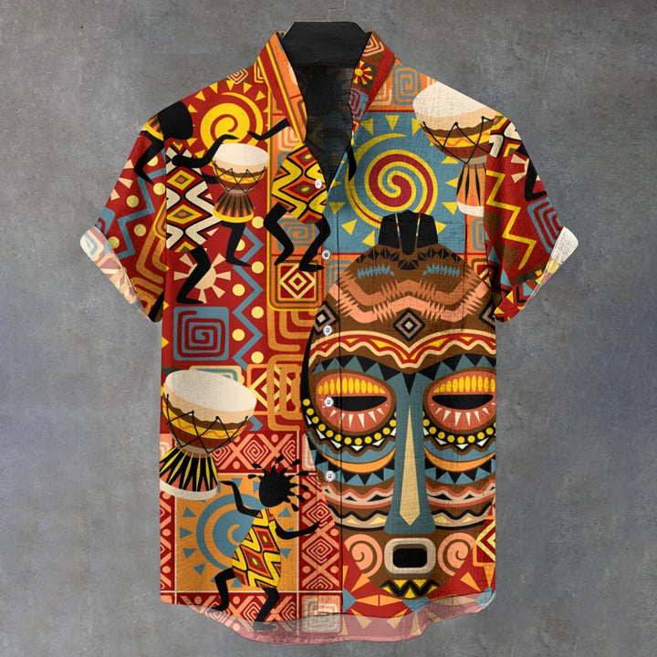 Men's Retro Print Line Stand Collar Short Sleeve Shirt 2412000361