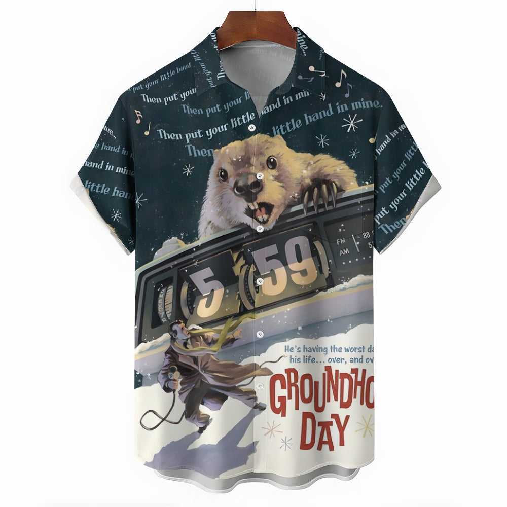 Groundhog Day Cartoon Print Men's Chest Pocket Stretch Hawaiian Shirt Big Tall 2412007805