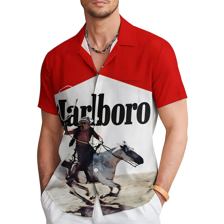 Vintage White And Red Stitching Western Cowboy And White Horse Printing Shirt 2501001362