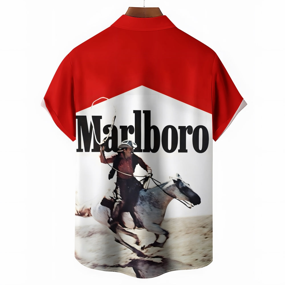 Vintage White And Red Stitching Western Cowboy And White Horse Printing Shirt 2501001362
