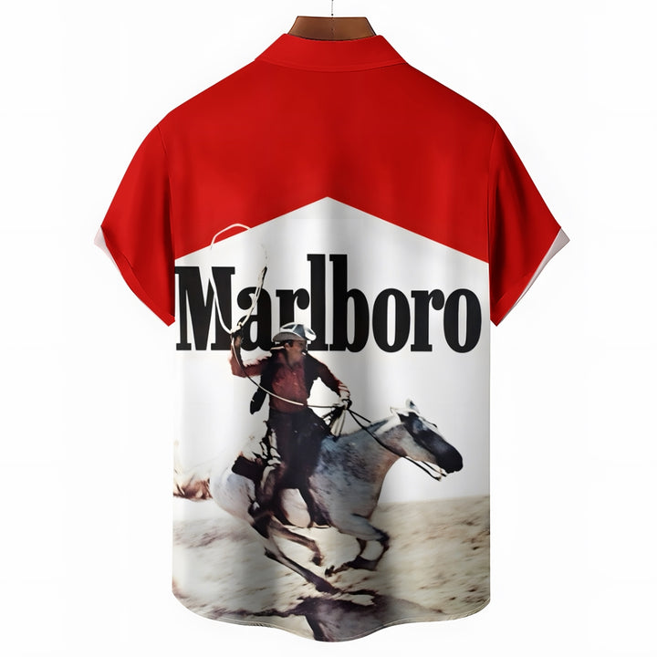 Vintage White And Red Stitching Western Cowboy And White Horse Printing Shirt 2501001362