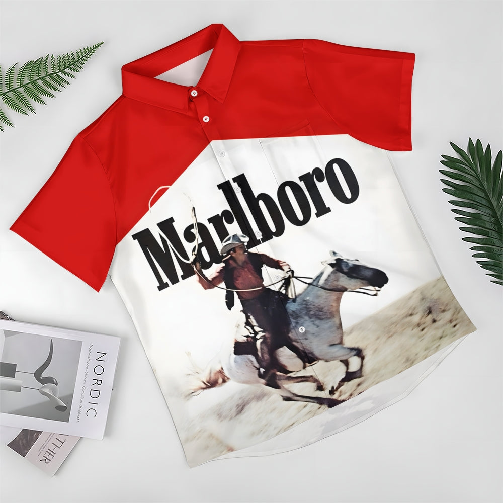 Vintage White And Red Stitching Western Cowboy And White Horse Printing Shirt 2501001362