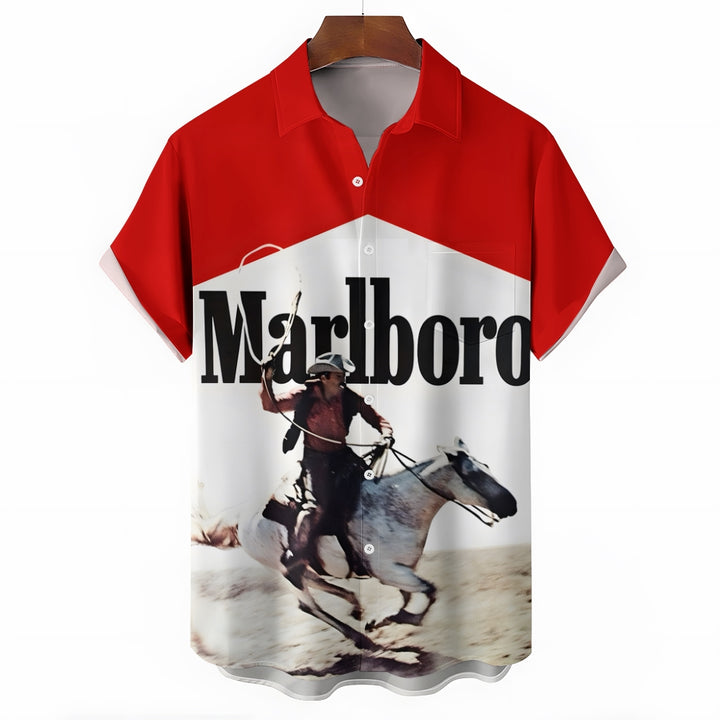 Vintage White And Red Stitching Western Cowboy And White Horse Printing Shirt 2501001362