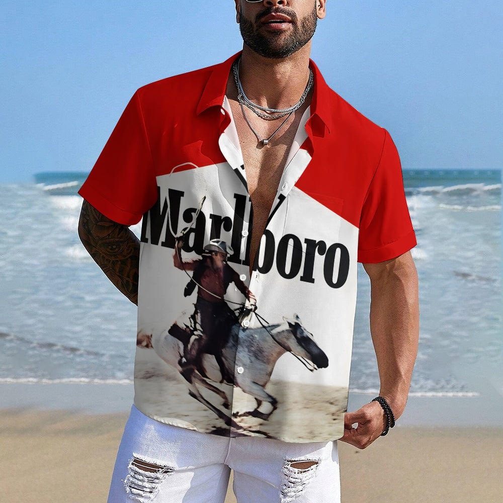 Vintage White And Red Stitching Western Cowboy And White Horse Printing Shirt 2501001362