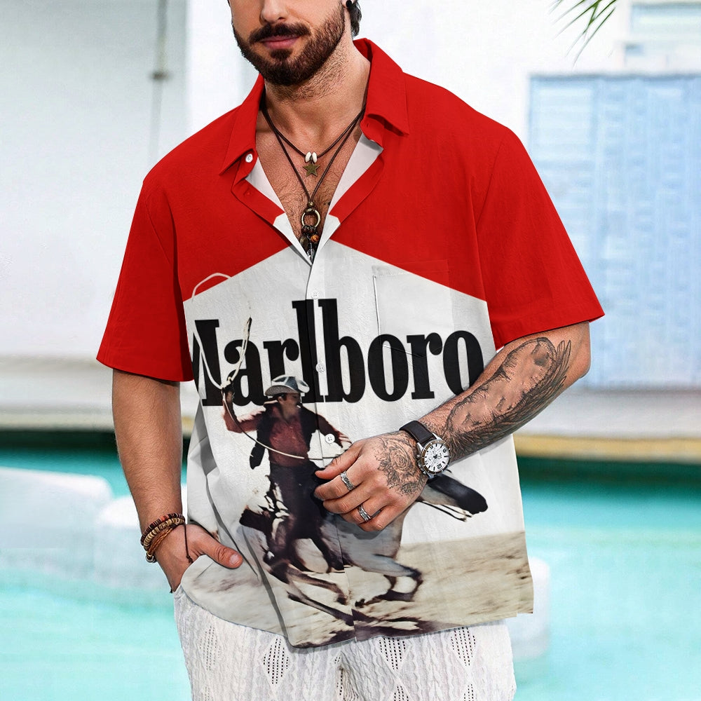 Vintage White And Red Stitching Western Cowboy And White Horse Printing Shirt 2501001362