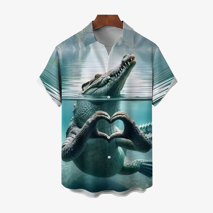 Vintage Crocodile Art Print Men's Chest Pocket Oversized Hawaiian Shirt 2501009664