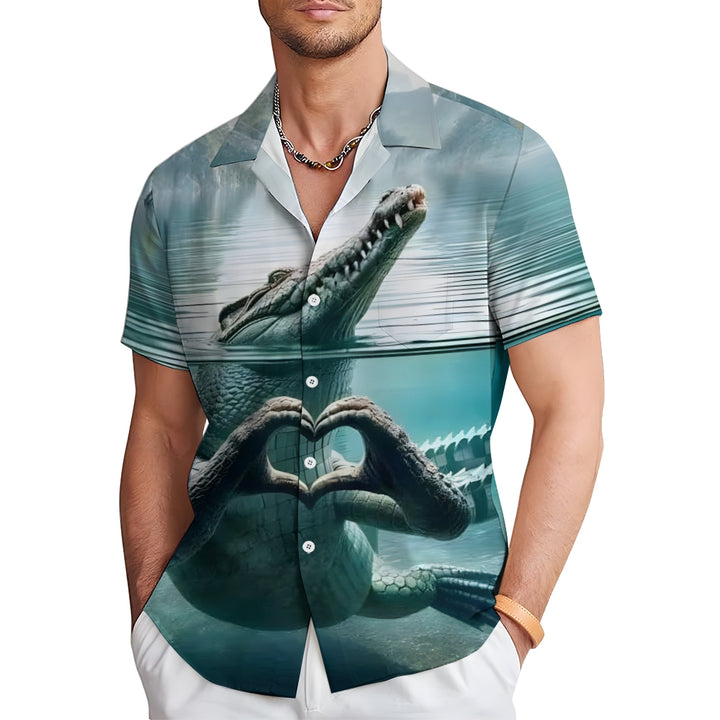 Vintage Crocodile Art Print Men's Chest Pocket Oversized Hawaiian Shirt 2501009664