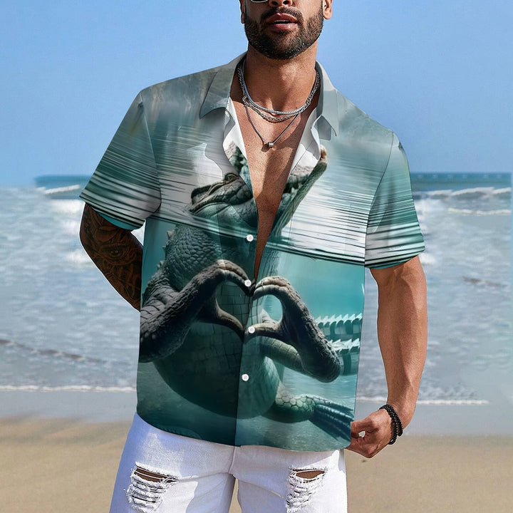 Vintage Crocodile Art Print Men's Chest Pocket Oversized Hawaiian Shirt 2501009664