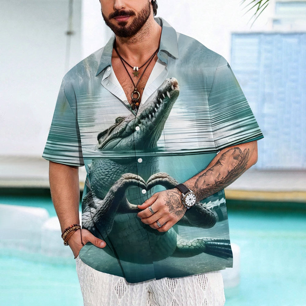 Vintage Crocodile Art Print Men's Chest Pocket Oversized Hawaiian Shirt 2501009664