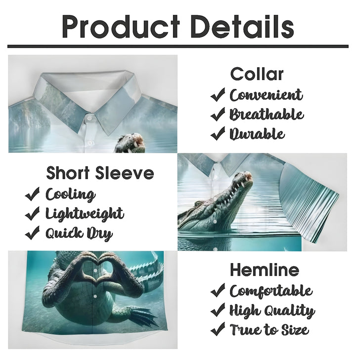 Vintage Crocodile Art Print Men's Chest Pocket Oversized Hawaiian Shirt 2501009664