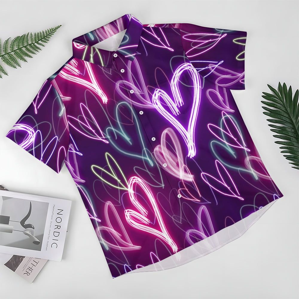 Valentine's Day Neon Heart Print Casual Short Sleeve Shirt 2411012844