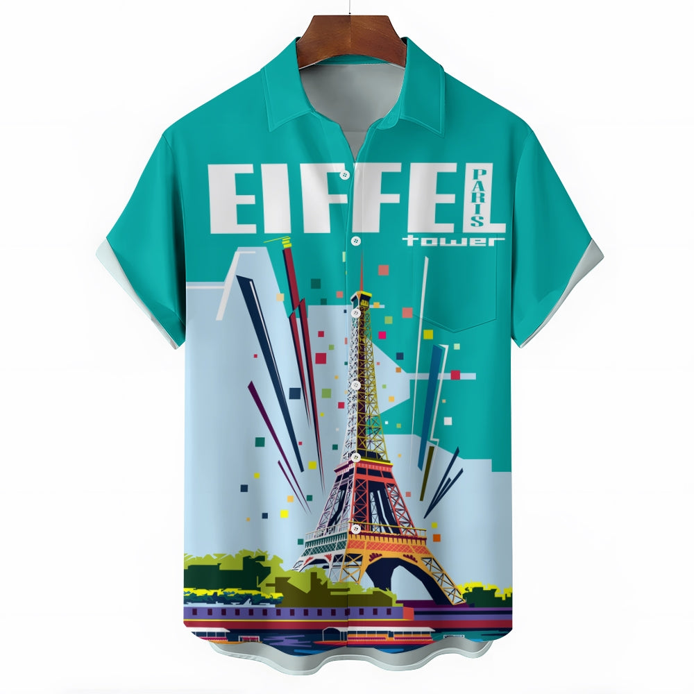 Men's French Eiffel Tower Print Casual Short Sleeve Shirt 2404000551