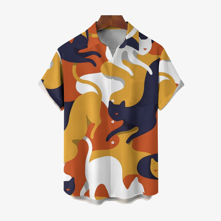 Breast Pocket Abstract Cat Art Casual Short Sleeve Shirt 2402000010