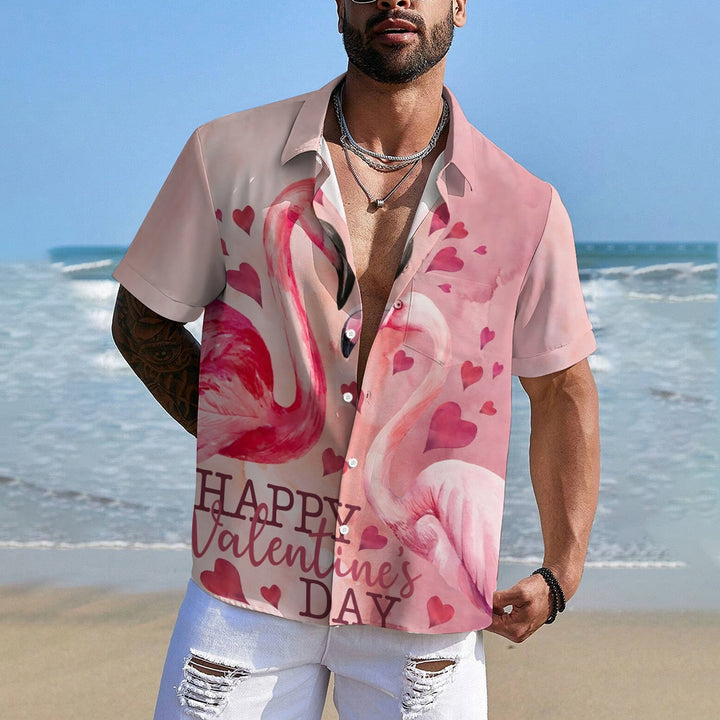 Flamingo Happy Valentine's Day Print Short Sleeve Shirt 2411008179