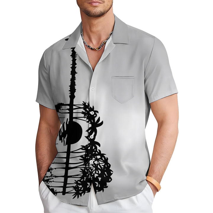 Hawaiian Guitar Silhouette Art Print Casual Short Sleeve Shirt 2501005329