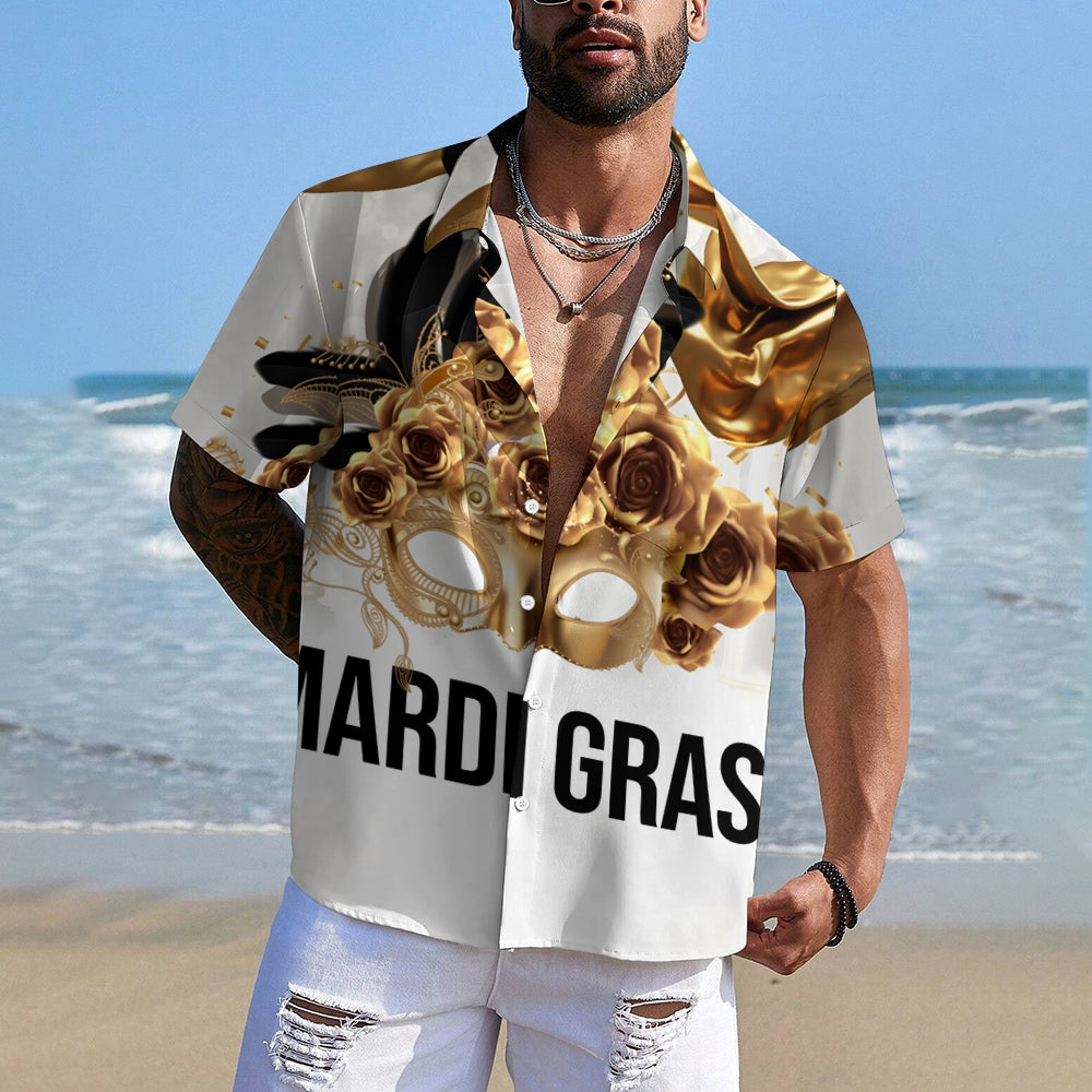 Mardi Gras Mask Art Print Casual Short Sleeve Shirt 2411013432
