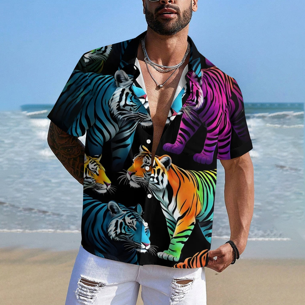 Men's Fashion Colorful Tiger Print Short Sleeve Shirt 2501002158