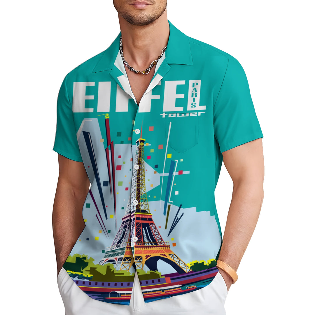 Men's French Eiffel Tower Print Casual Short Sleeve Shirt 2404000551