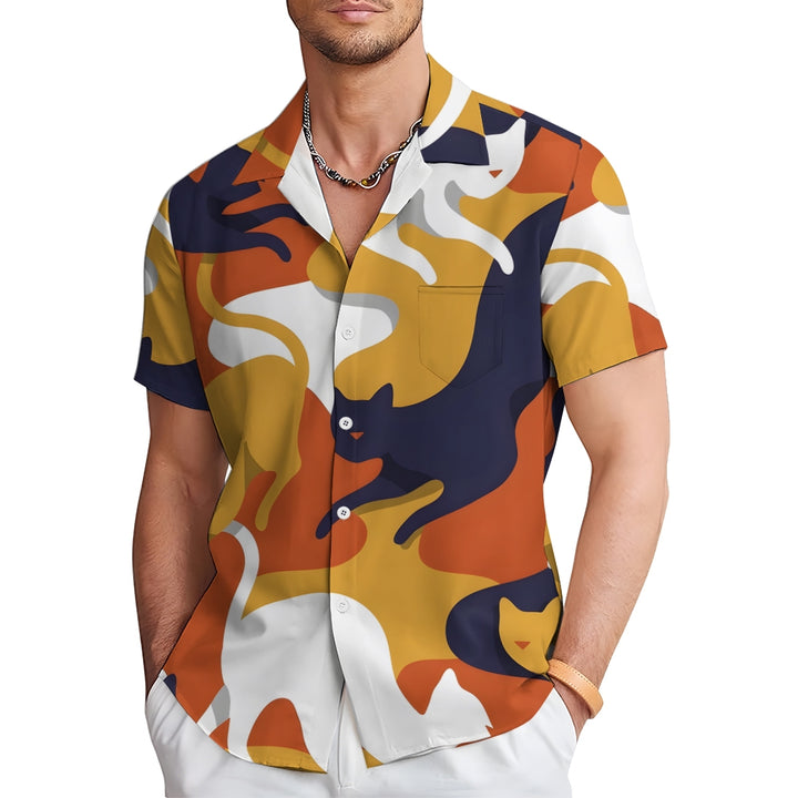 Breast Pocket Abstract Cat Art Casual Short Sleeve Shirt 2402000010