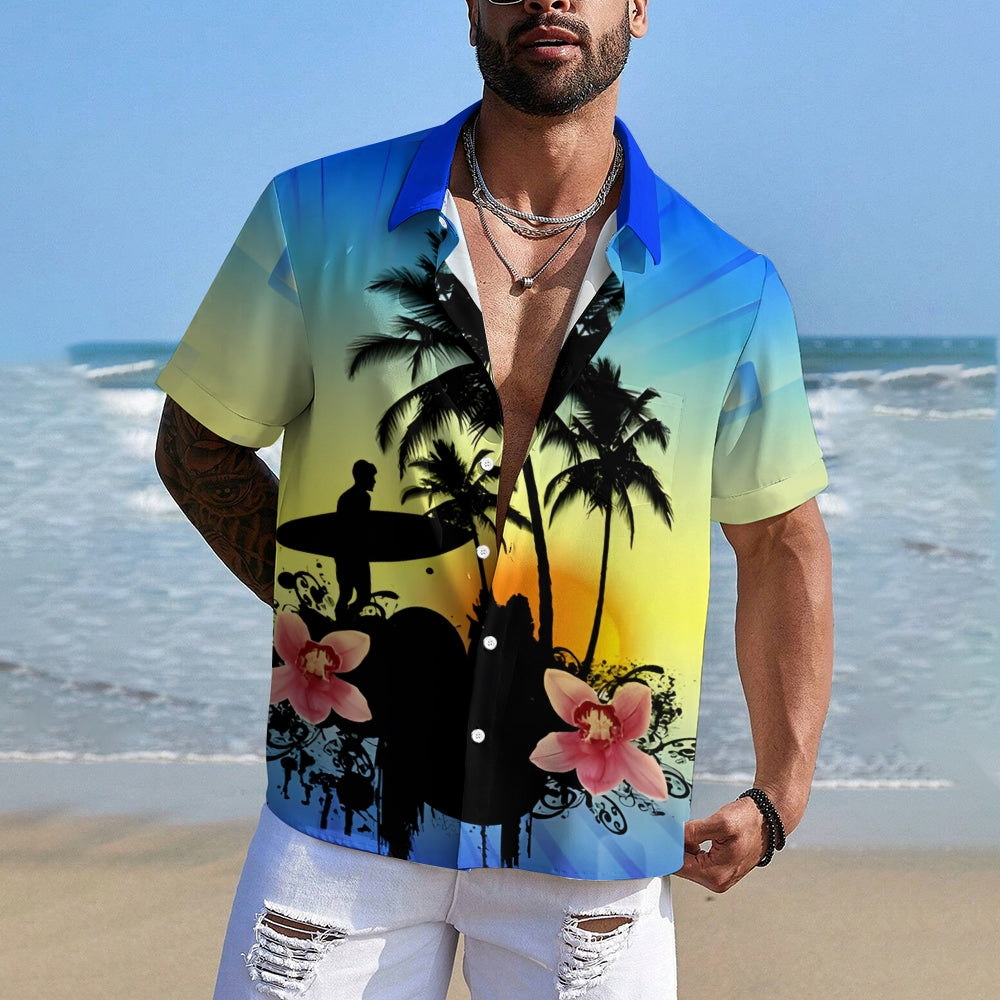 Surfing Boy Silhouette Gradient Print Casual Short Sleeve Shirt 2501002557