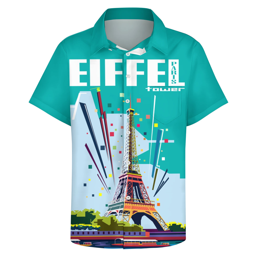 Men's French Eiffel Tower Print Casual Short Sleeve Shirt 2404000551