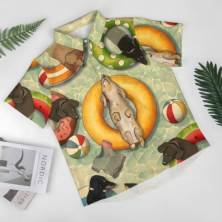 Dachshund Swimming Print Hawaiian Casual Short Sleeve Shirt 2501005326