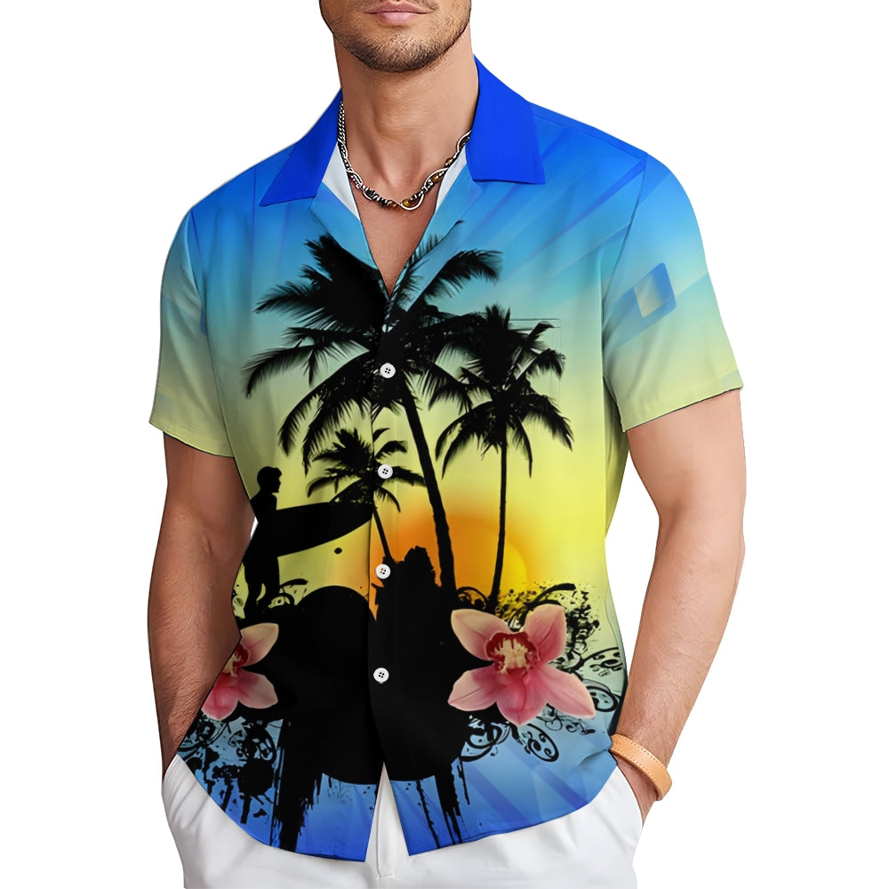 Surfing Boy Silhouette Gradient Print Casual Short Sleeve Shirt 2501002557