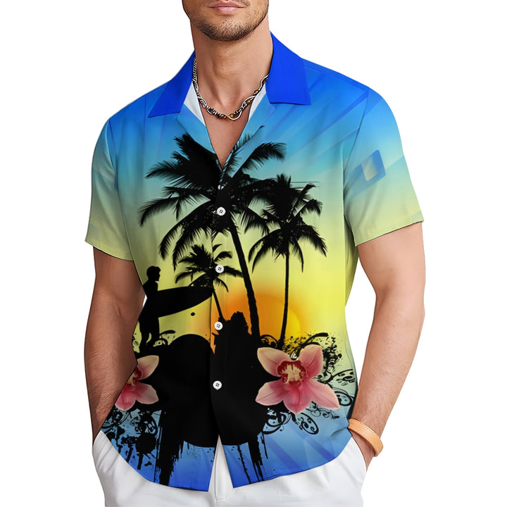 Surfing Boy Silhouette Gradient Print Casual Short Sleeve Shirt 2501002557