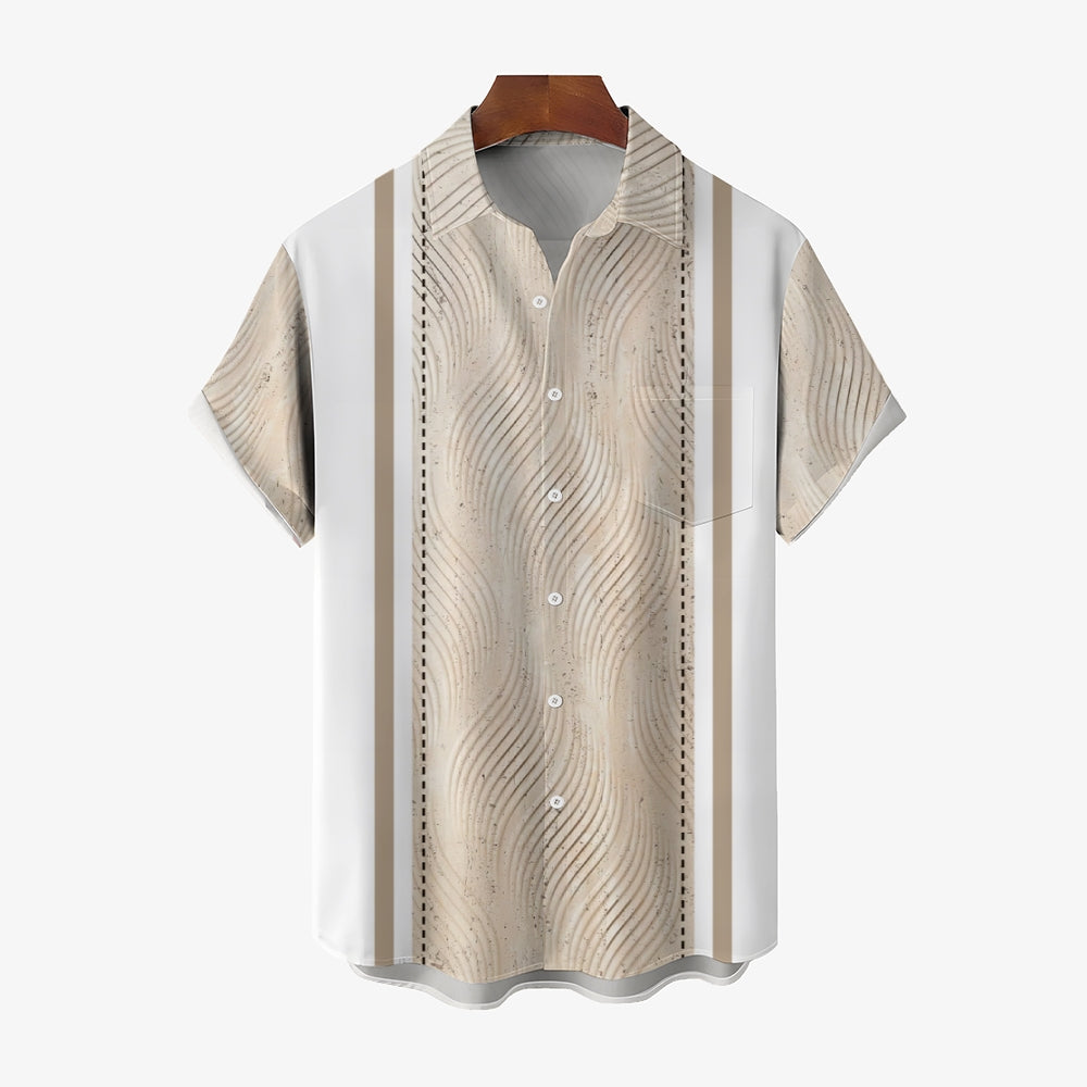 Retro Geometric Texture 3D Bowling Print Men's Button Pocket Short Sleeve Shirt 2405000266