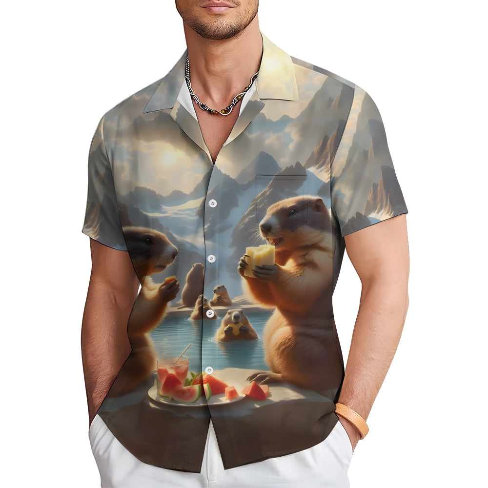 Men's Hawaiian Groundhog Day Print Casual Short Sleeve Shirt 2412004403