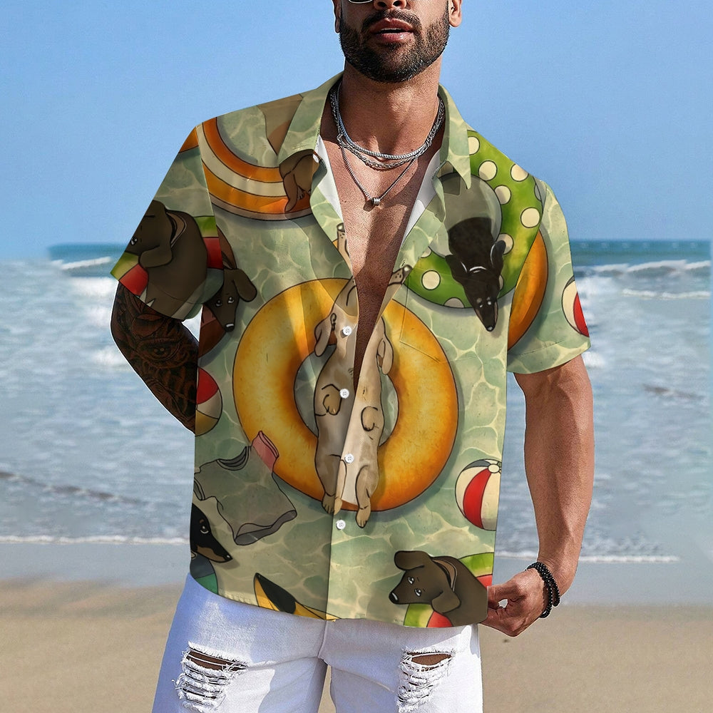 Dachshund Swimming Print Hawaiian Casual Short Sleeve Shirt 2501005326