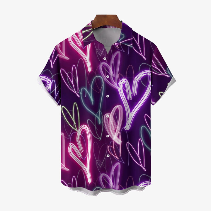 Valentine's Day Neon Heart Print Casual Short Sleeve Shirt 2411012844