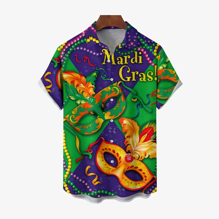 Men's Mardi Gras Mask Print Casual Short Sleeve Shirt 2411012468