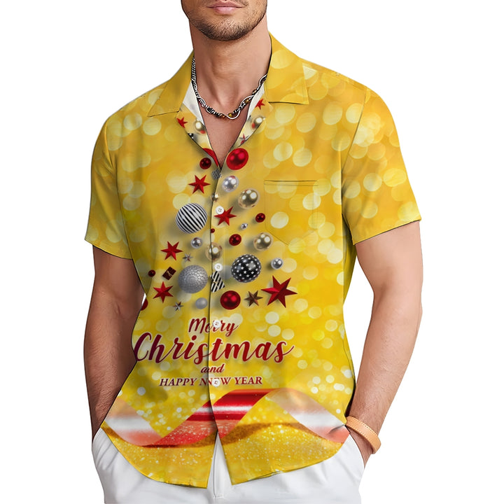 Merry Christmas Balls Christmas Tree Print Short Sleeve Shirt 2411013446
