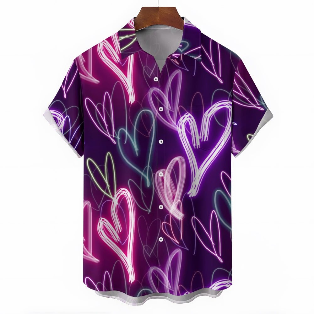 Valentine's Day Neon Heart Print Casual Short Sleeve Shirt 2411012844