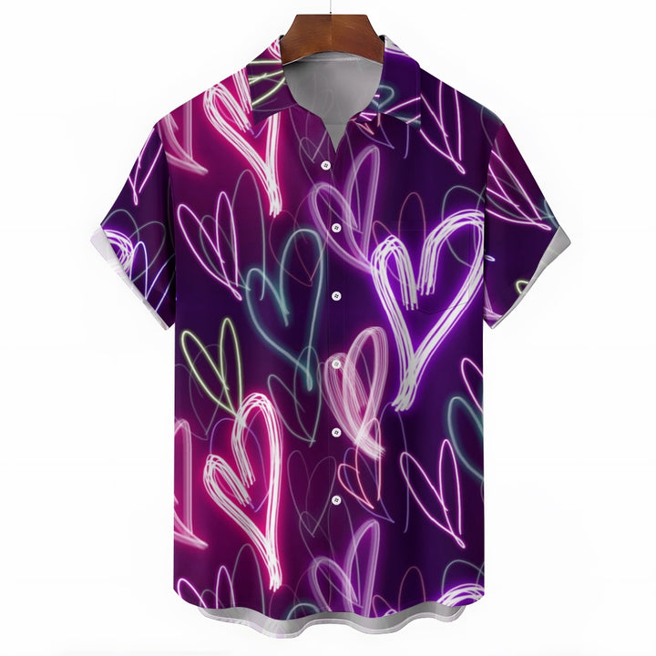 Valentine's Day Neon Heart Print Casual Short Sleeve Shirt 2411012844