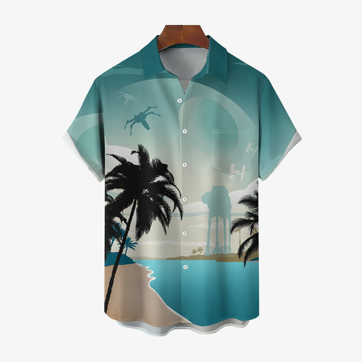 Quiet Beach Coconut Tree Technology Battle Armor Silhouette Printing Short Sleeve Shirt 2404001919