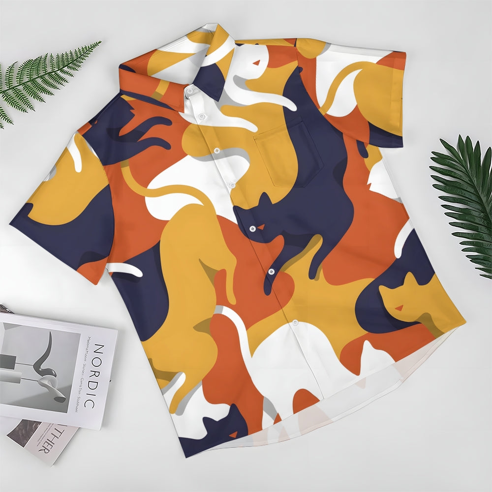 Breast Pocket Abstract Cat Art Casual Short Sleeve Shirt 2402000010