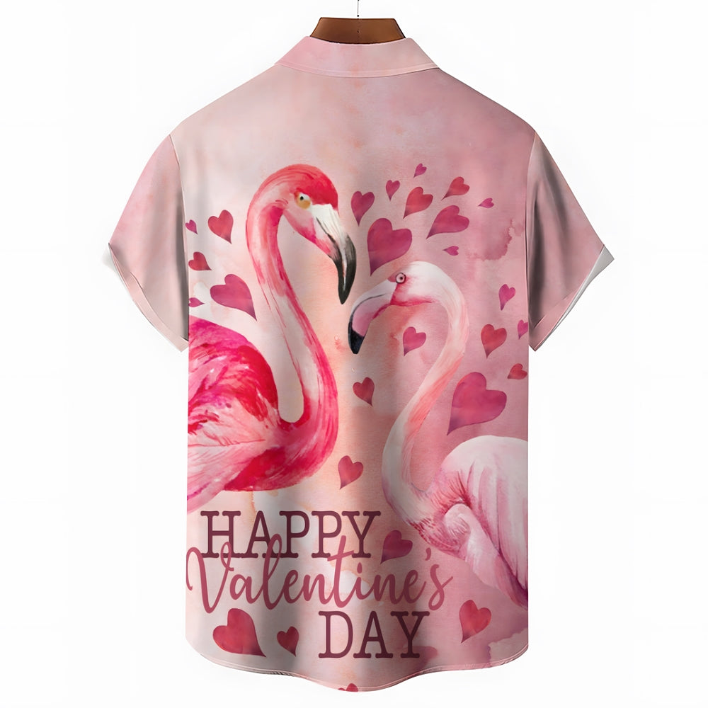 Flamingo Happy Valentine's Day Print Short Sleeve Shirt 2411008179