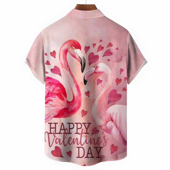 Flamingo Happy Valentine's Day Print Short Sleeve Shirt 2411008179