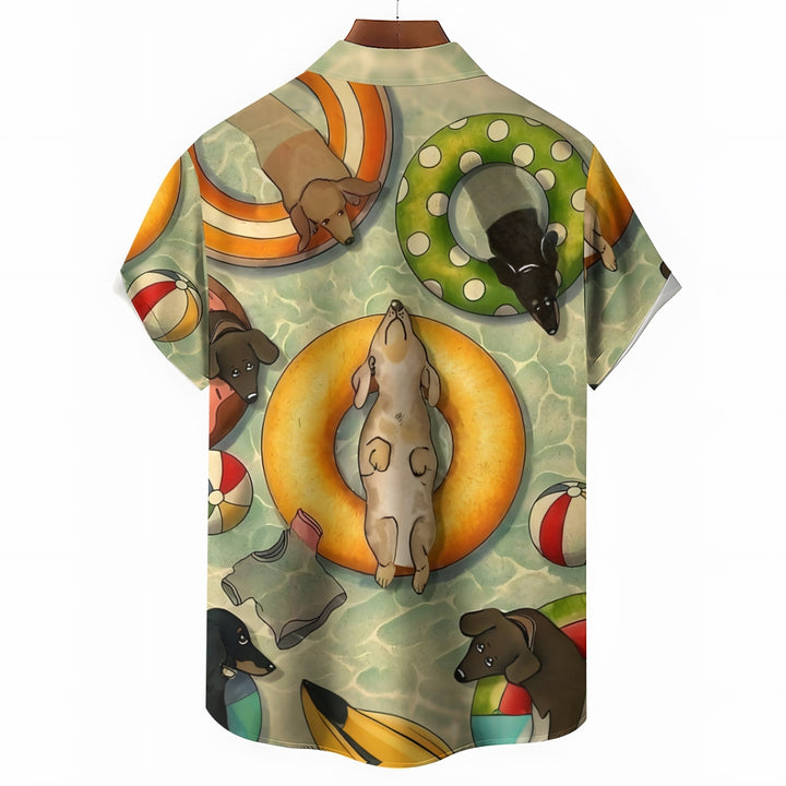 Dachshund Swimming Print Hawaiian Casual Short Sleeve Shirt 2501005326