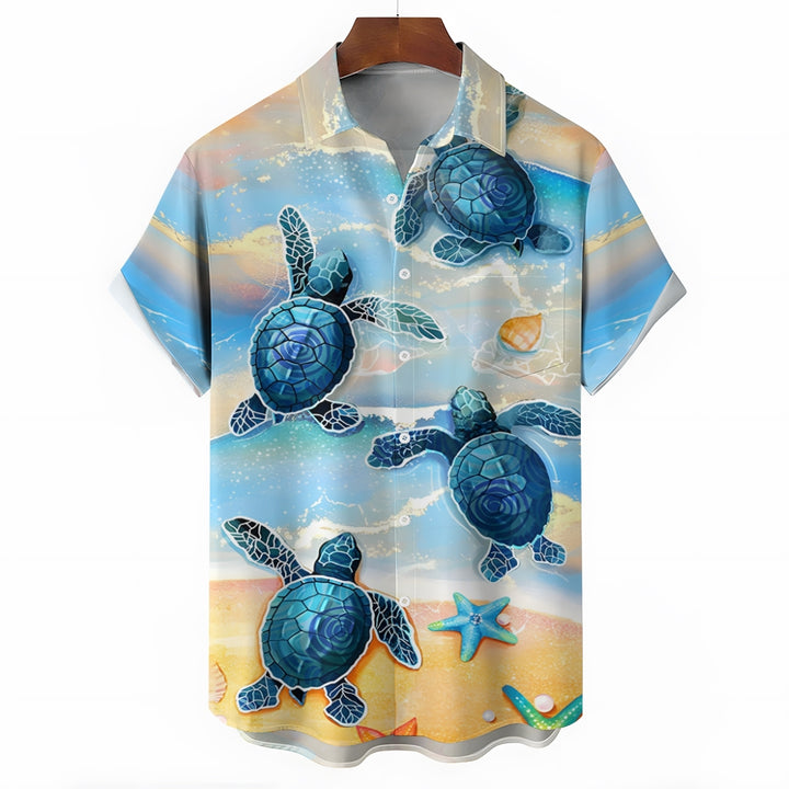 Beach Turtle Art Print Casual Short Sleeve Shirt 2410001356