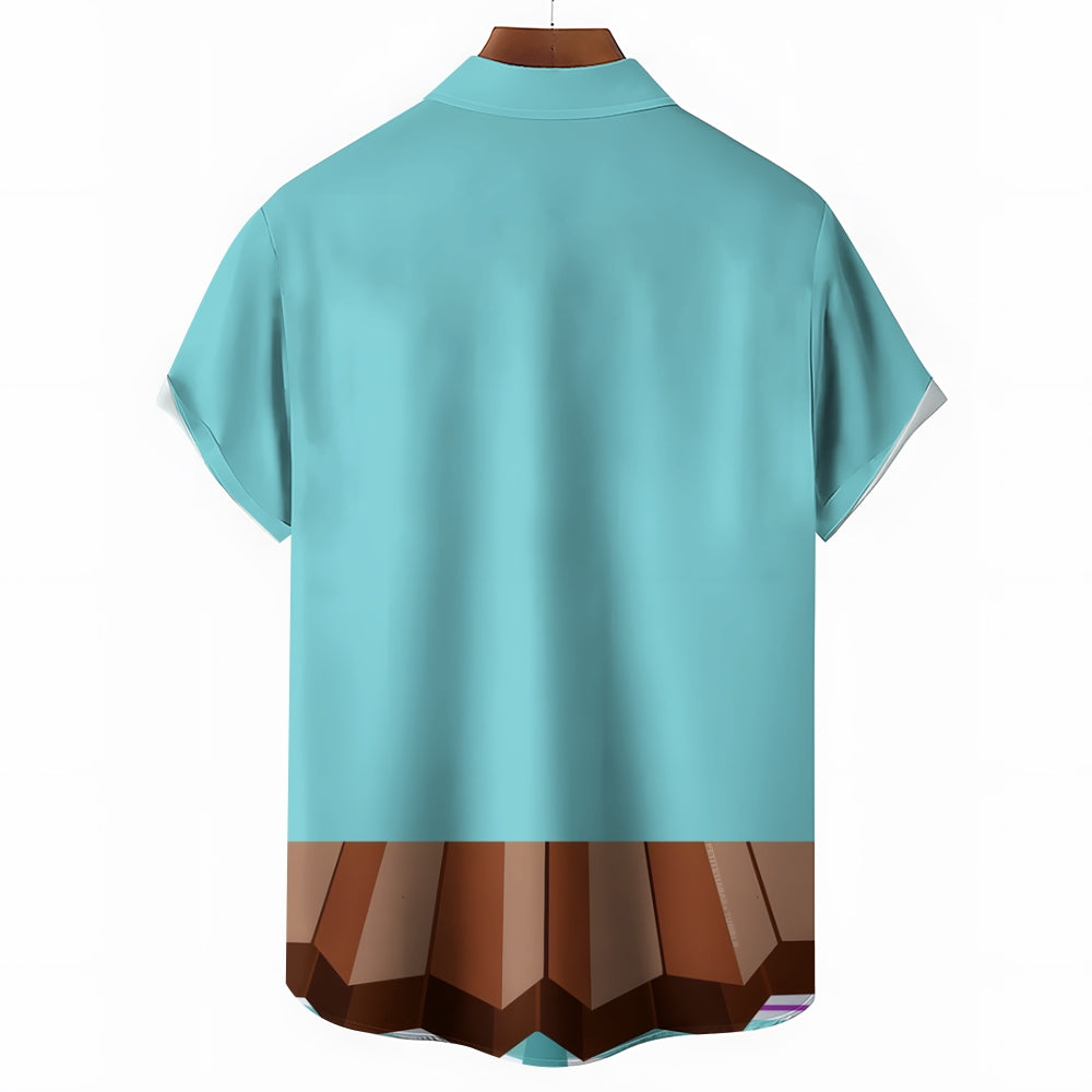 Blue Cartoon Character Print Casual Short Sleeve Shirt 2410007537