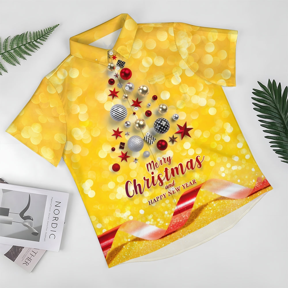 Merry Christmas Balls Christmas Tree Print Short Sleeve Shirt 2411013446