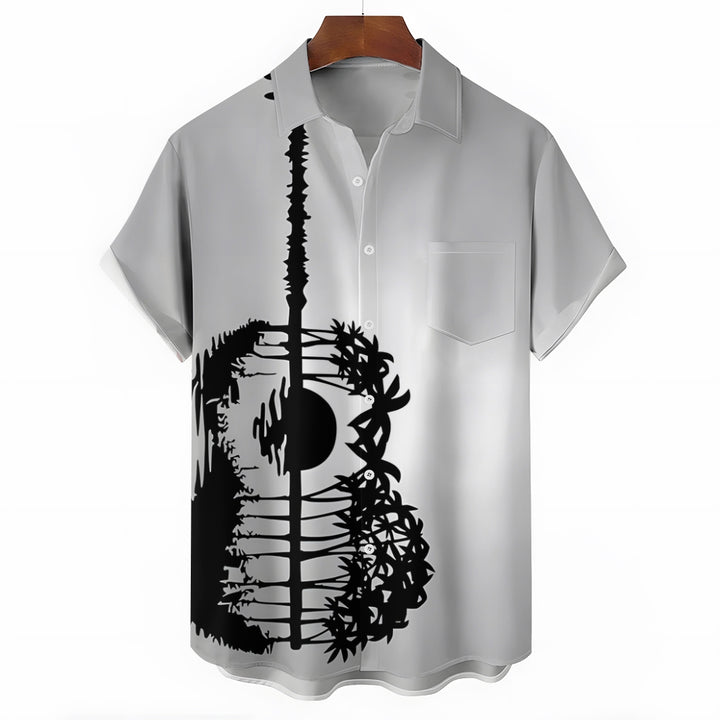 Hawaiian Guitar Silhouette Art Print Casual Short Sleeve Shirt 2501005329